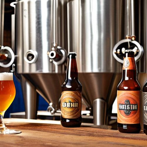 A bustling craft brewery in India, showcasing modern brewing equipment alongside traditional Indian design elements. Focus on the quality control process, with brewers inspecting beer samples. Include branding elements that hint at a local or regional theme.