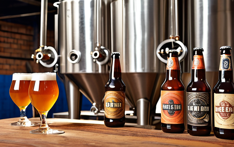 A bustling craft brewery in India, showcasing modern brewing equipment alongside traditional Indian design elements. Focus on the quality control process, with brewers inspecting beer samples. Include branding elements that hint at a local or regional theme.