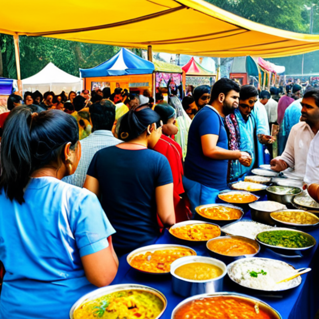 **

"A vibrant and bustling Indian food festival scene. Diverse crowd enjoying various food stalls and craft beer selections, fully clothed, appropriate attire, safe for work, family-friendly, perfect anatomy, natural proportions, high-quality photography, detailed background, professional."

**