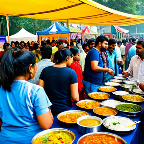 Home 7 **
"A vibrant and bustling Indian food festival scene. Diverse crowd enjoying various food stalls and craft beer selections, fully clothed, appropriate attire, safe for work, family-friendly, perfect anatomy, natural proportions, high-quality photography, detailed background, professional."
**
