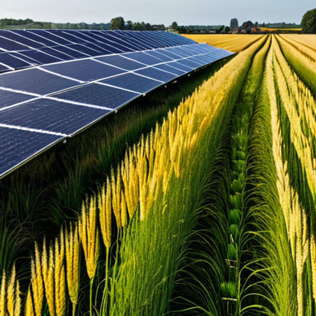 A picturesque countryside scene with golden fields of barley ready for harvest, a sustainable craft brewery nestled in the background, solar panels glinting on its roof, demonstrating energy efficiency, and happy local farmers collaborating with the brewers. The image should promote the concept of locally sourced ingredients and eco-friendly practices in craft beer production. Safe for work, appropriate content, fully clothed, family-friendly.