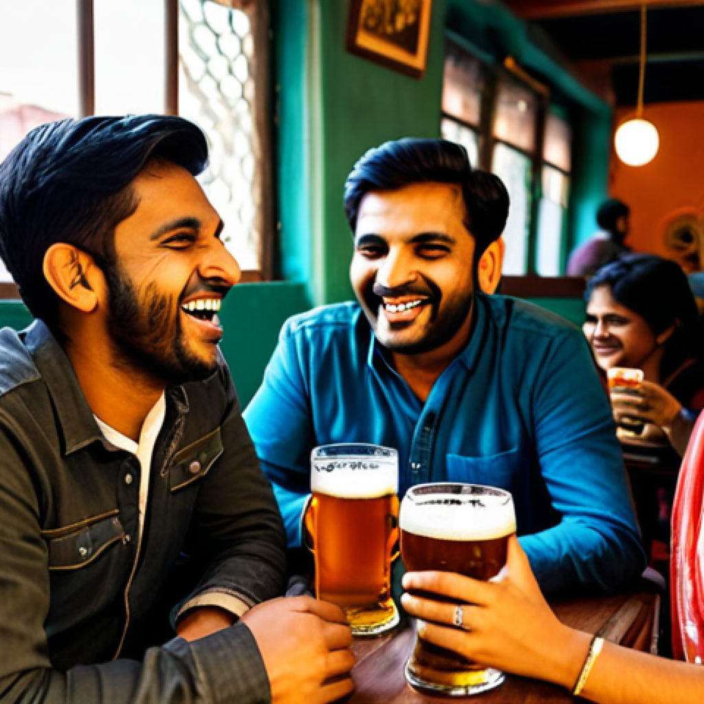 수제맥주에 맞는 바탕음악 - **
"A group of friends laughing and enjoying beer and music at a cozy, warmly lit cafe in Delhi. Ev...