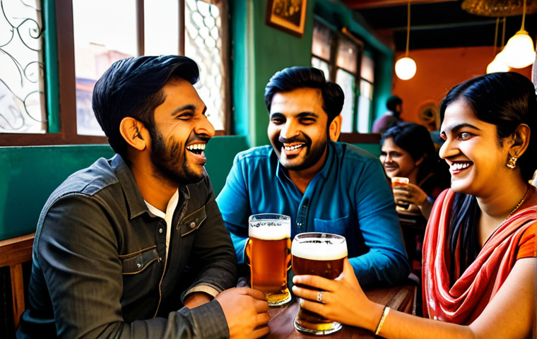수제맥주에 맞는 바탕음악 - **
"A group of friends laughing and enjoying beer and music at a cozy, warmly lit cafe in Delhi. Ev...