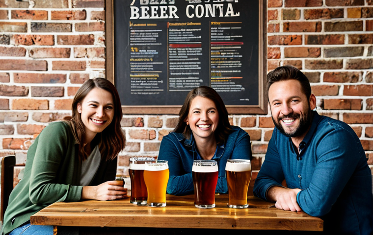 수제맥주 스타일 비교 - Craft Beer Tasting**
"A group of friends, fully clothed in casual wear, gathered around a wooden ta...