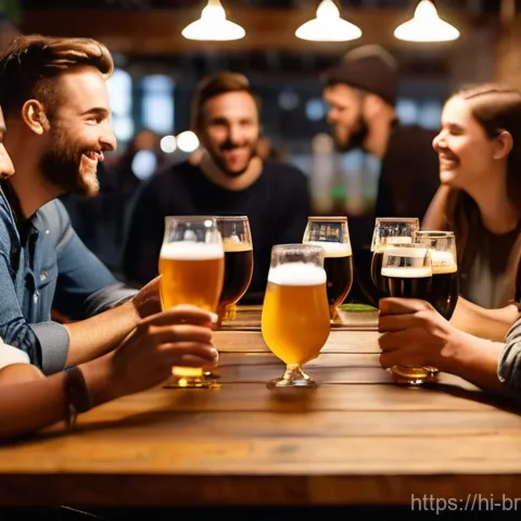 수제맥주와 고급 식문화 - **Craft Beer Tasting at a Lively Local Brewery:**
    A vibrant and warm scene inside a modern craft...