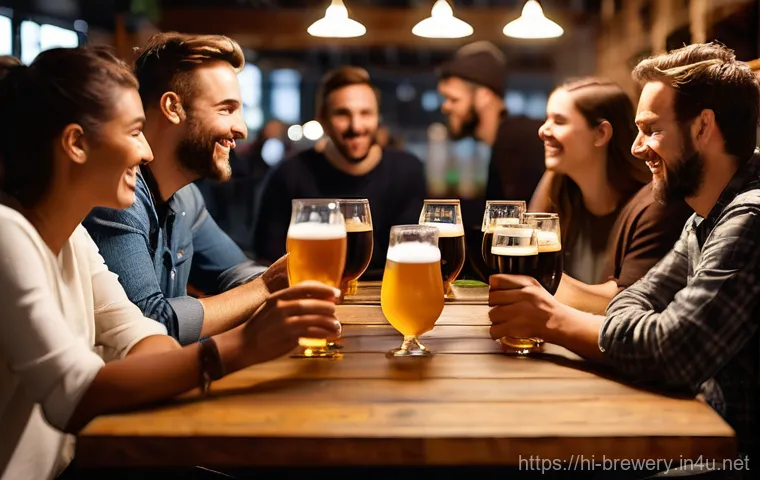 수제맥주와 고급 식문화 - **Craft Beer Tasting at a Lively Local Brewery:**
A vibrant and warm scene inside a modern craft...