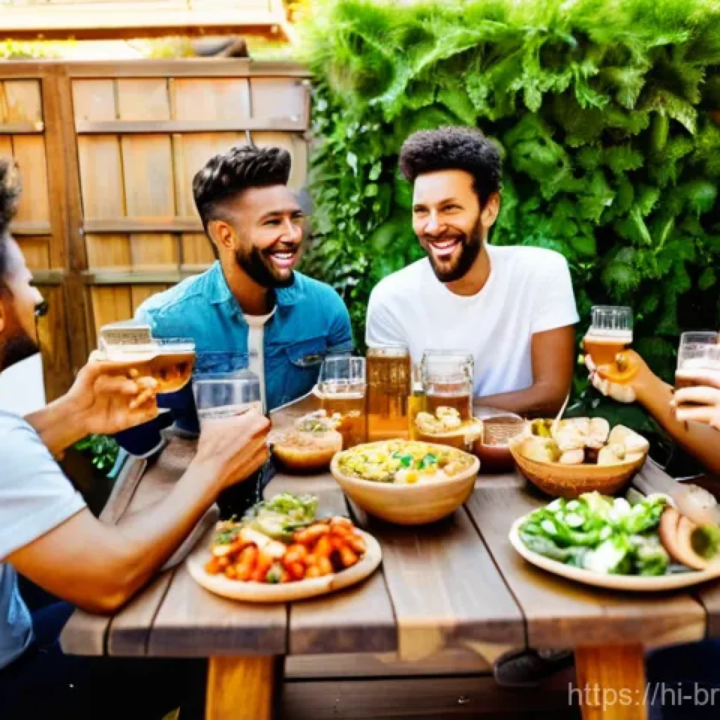 수제맥주와 비건 문화 - **Prompt:** A diverse group of young adults, dressed in modern, casual attire, are gathered around a...