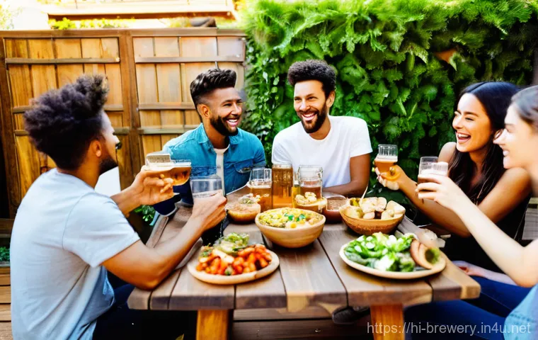 수제맥주와 비건 문화 - **Prompt:** A diverse group of young adults, dressed in modern, casual attire, are gathered around a...