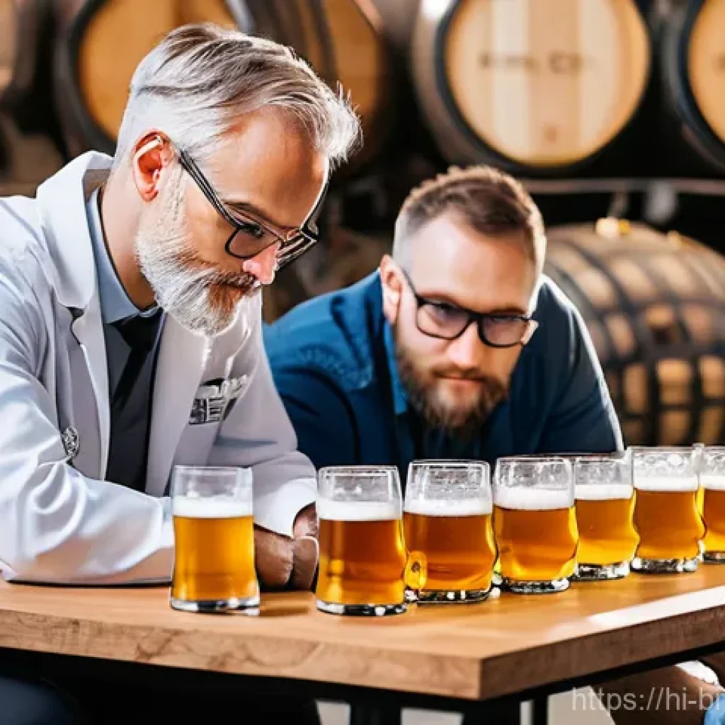 브루어리에서의 품질 테스트 - **Sensory Evaluation Panel in Action**
A highly detailed, realistic photograph of a diverse pane...