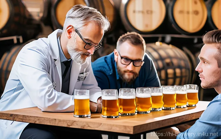 브루어리에서의 품질 테스트 - **Sensory Evaluation Panel in Action**
A highly detailed, realistic photograph of a diverse pane...