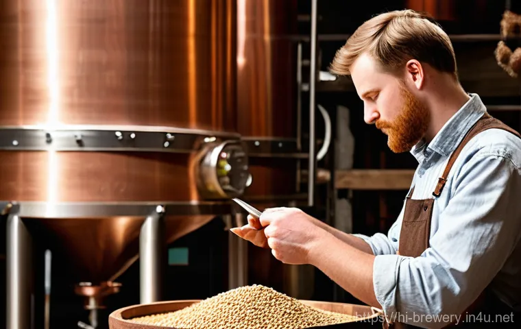 수제맥주 생산 공정 - **Prompt:** A close-up, high-resolution photograph capturing the essence of **Malt Selection and the...