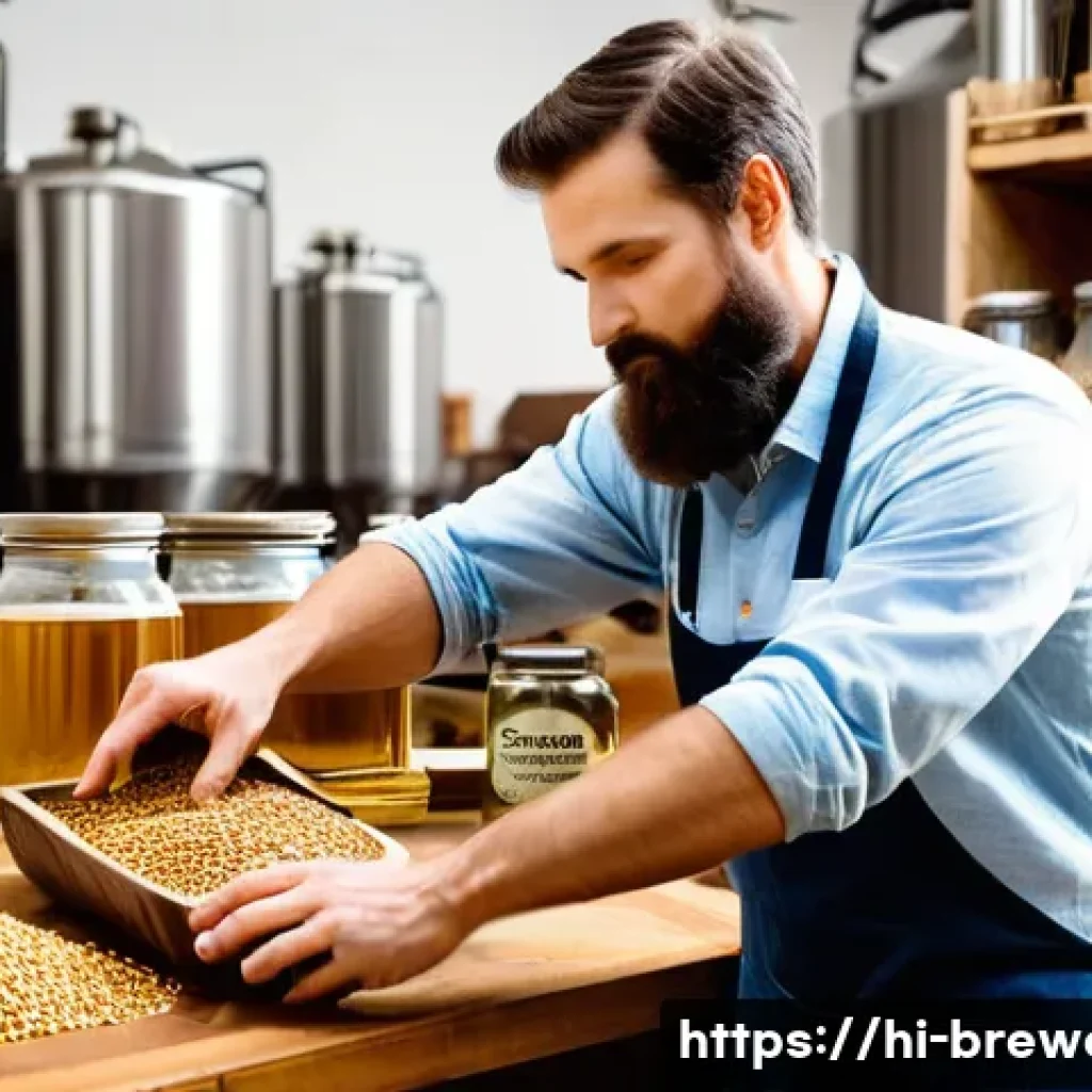 양조 과정 상세 - **Prompt: The Art of Ingredient Selection and Mashing**
    "A vibrant, medium-shot photograph captu...