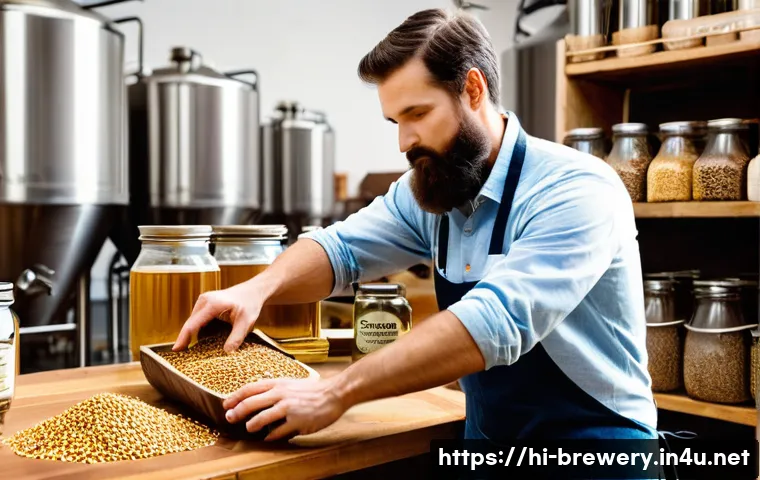 양조 과정 상세 - **Prompt: The Art of Ingredient Selection and Mashing**
"A vibrant, medium-shot photograph captu...