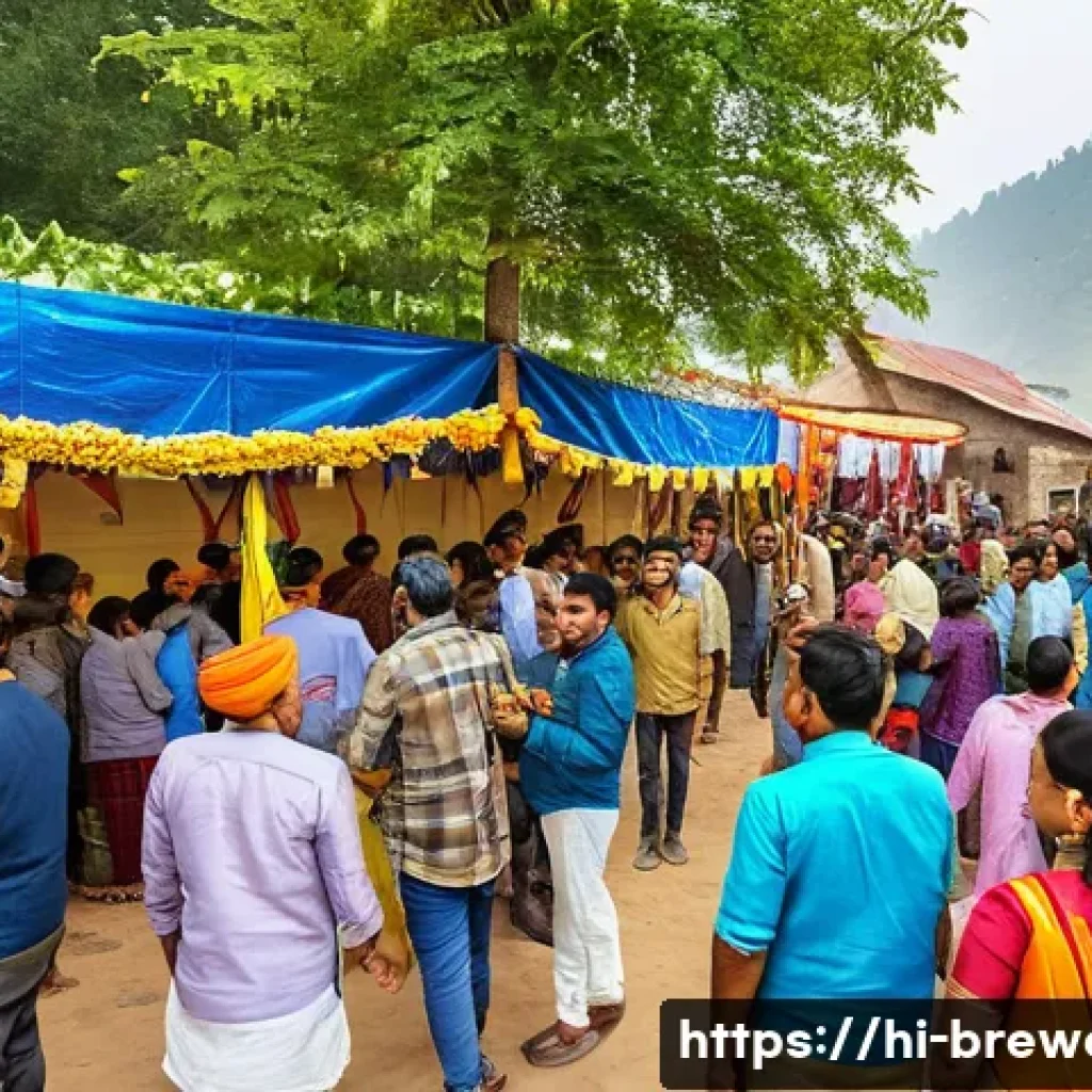 수제맥주와 문화의 융합 - A vibrant craft brewery festival scene in a North Indian village during daytime, featuring local art...