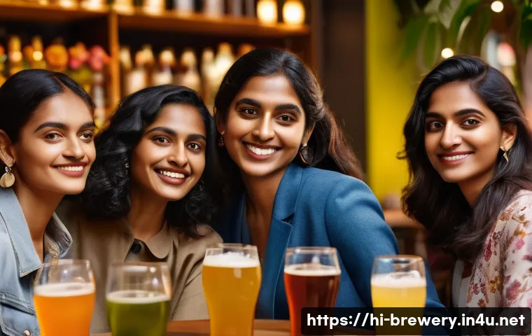 수제맥주에서의 여성 소비자 - A vibrant social gathering of diverse Indian women enjoying craft beers with colorful fruit and flor...