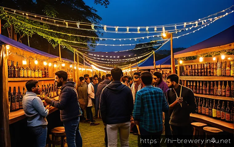 수제맥주와 국제적 특성 - A vibrant craft beer festival scene in India, showcasing diverse young adults enjoying various craft...
