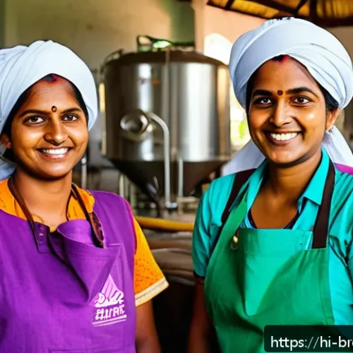Home 32 수제맥주 기업의 사회적 책임 - A vibrant scene of a local craft brewery in India, showcasing diverse workers including women and mi...