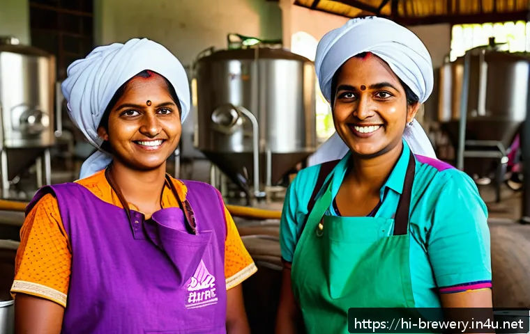 수제맥주 기업의 사회적 책임 - A vibrant scene of a local craft brewery in India, showcasing diverse workers including women and mi...
