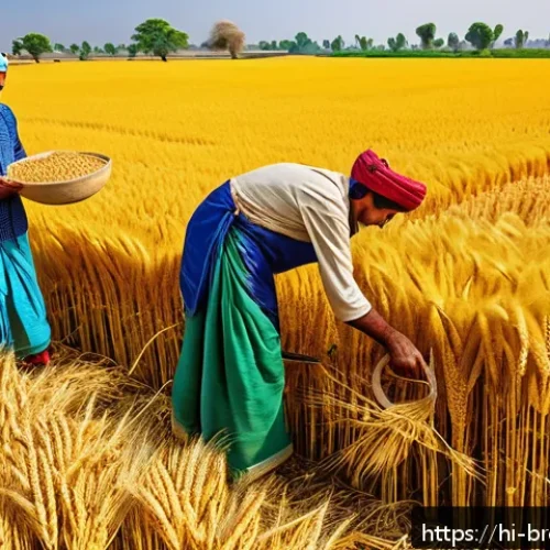 Home 30 수제맥주와 농업 연계 - A vibrant rural Indian farm scene showcasing farmers tending to golden barley and wheat fields under...
