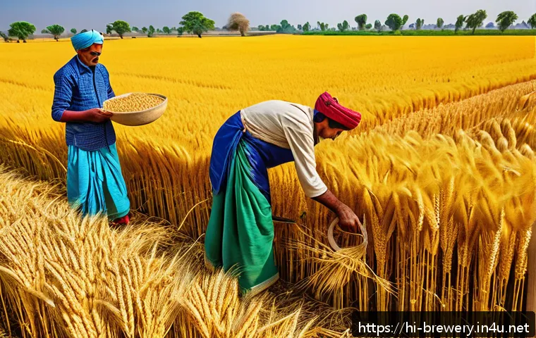 수제맥주와 농업 연계 - A vibrant rural Indian farm scene showcasing farmers tending to golden barley and wheat fields under...