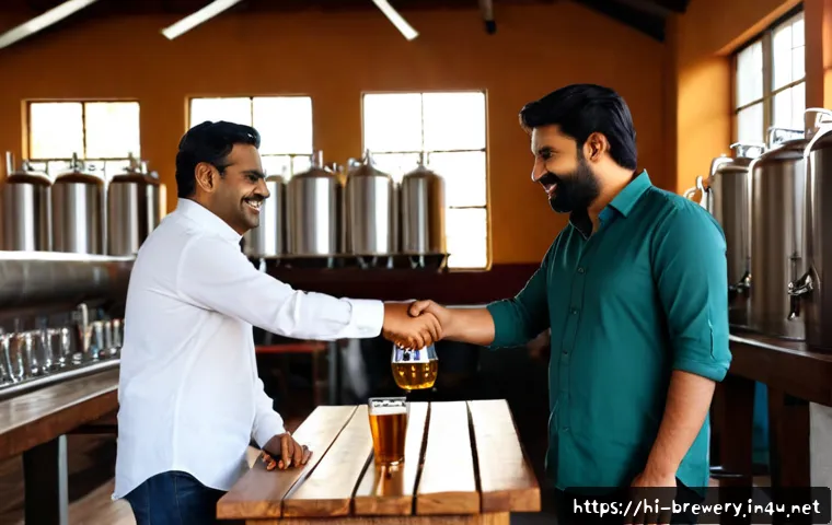 수제맥주와 파트너십 - Photorealistic partnership meeting at a modern craft brewery in India, two diverse business owners i...